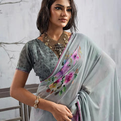 Grey Georgette Floral Printed Saree sedora couture