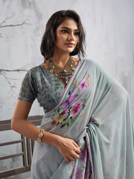 Grey Georgette Floral Printed Saree sedora couture