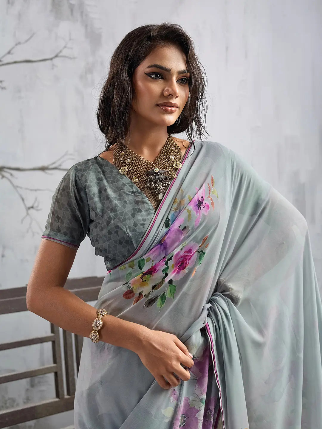 Grey Georgette Floral Printed Saree sedora couture