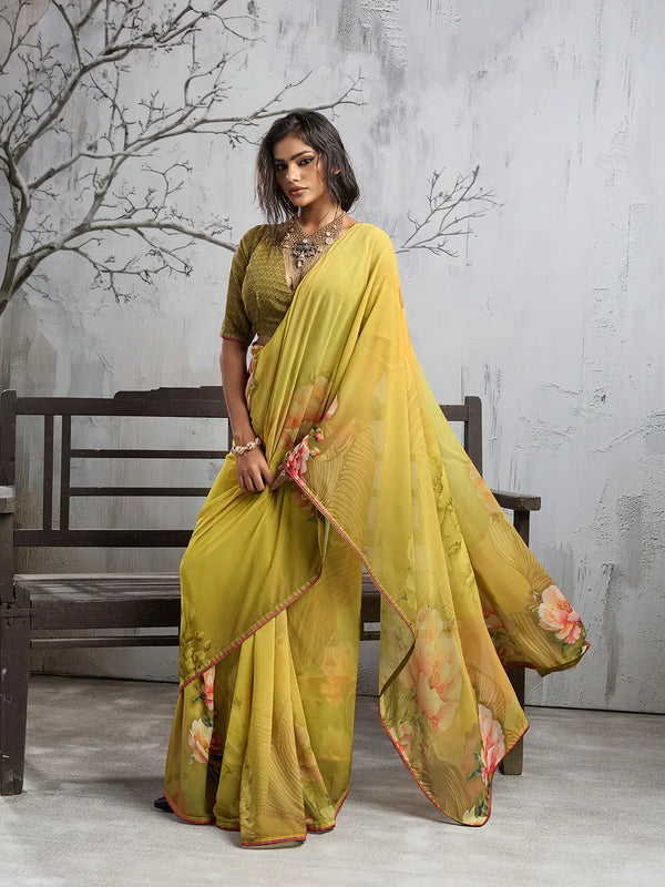 Mustard Georgette Floral Printed Saree sedora couture