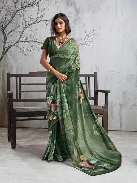 Green Georgette Floral Printed Saree sedora couture