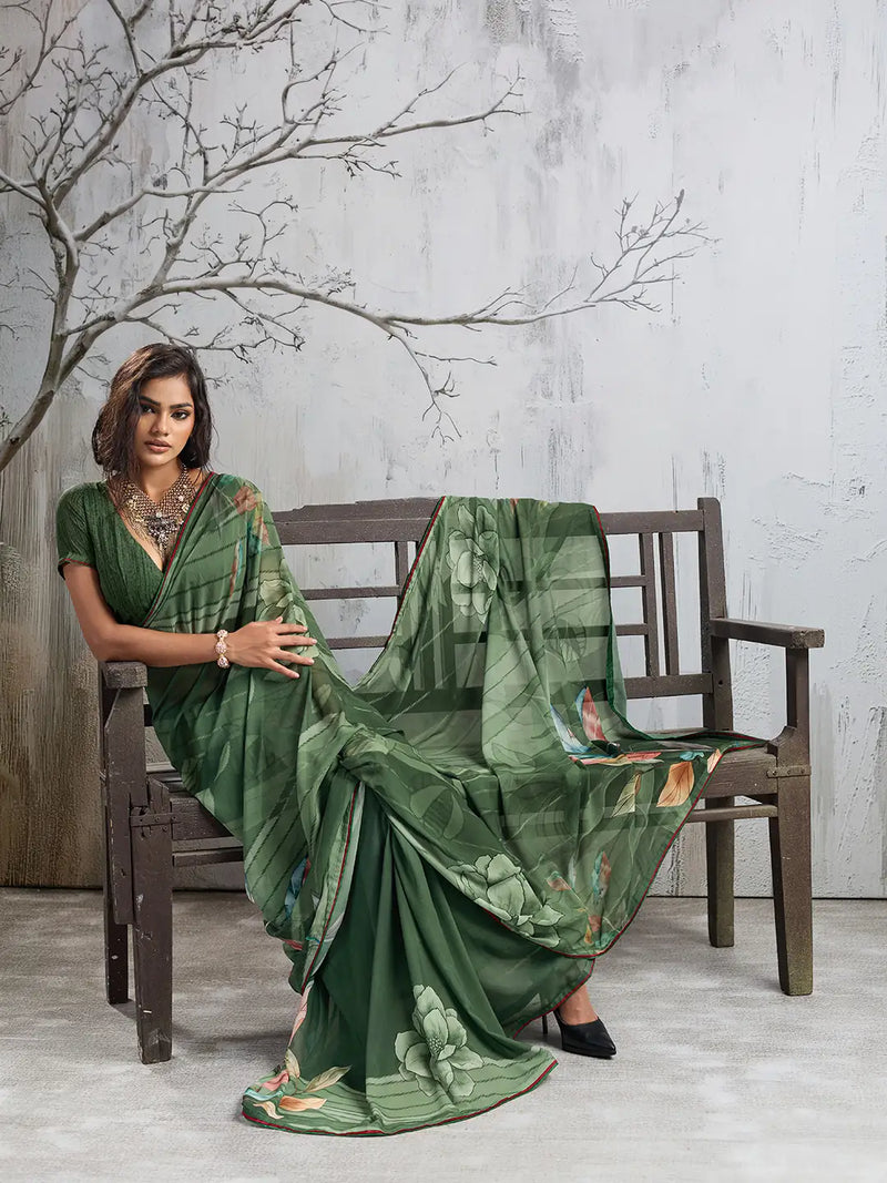 Green Georgette Floral Printed Saree sedora couture