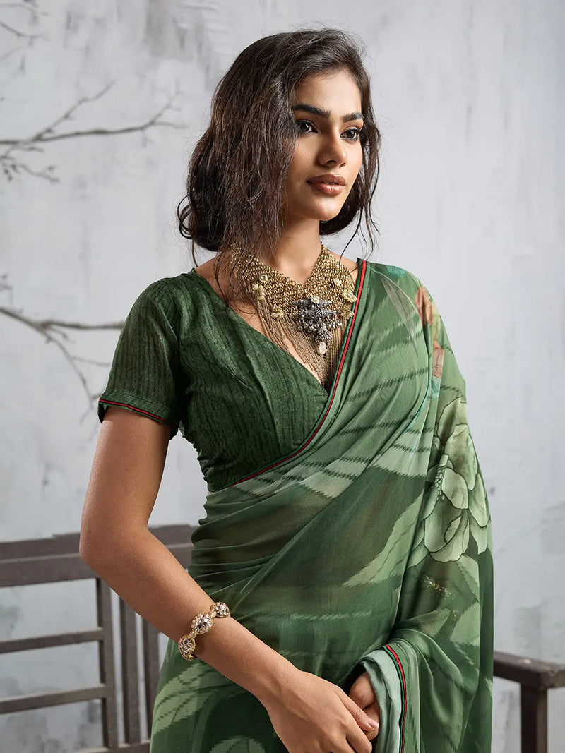 Green Georgette Floral Printed Saree sedora couture