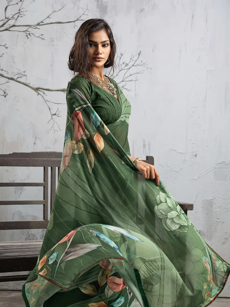 Green Georgette Floral Printed Saree sedora couture