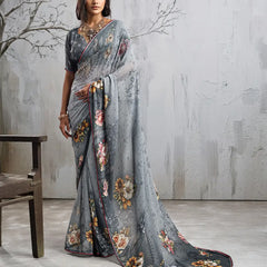 Grey Georgette Floral Printed Saree sedora couture