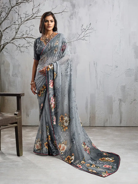 Grey Georgette Floral Printed Saree sedora couture