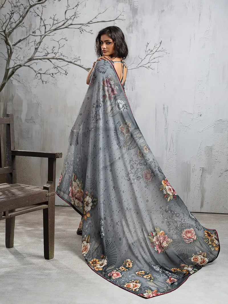 Grey Georgette Floral Printed Saree sedora couture