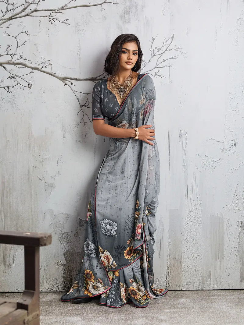 Grey Georgette Floral Printed Saree sedora couture