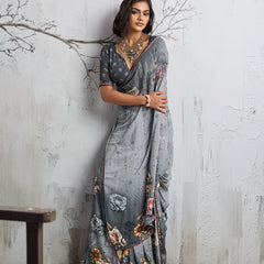 Grey Georgette Floral Printed Saree sedora couture