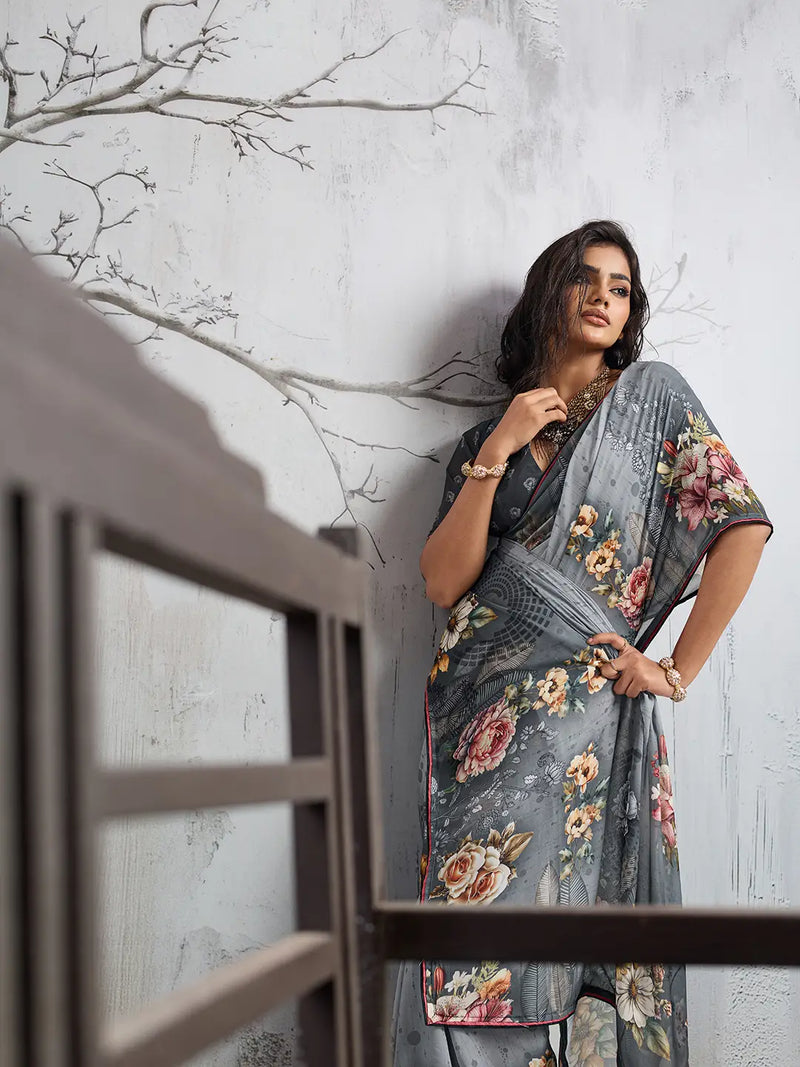 Grey Georgette Floral Printed Saree sedora couture