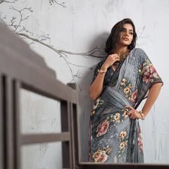 Grey Georgette Floral Printed Saree sedora couture