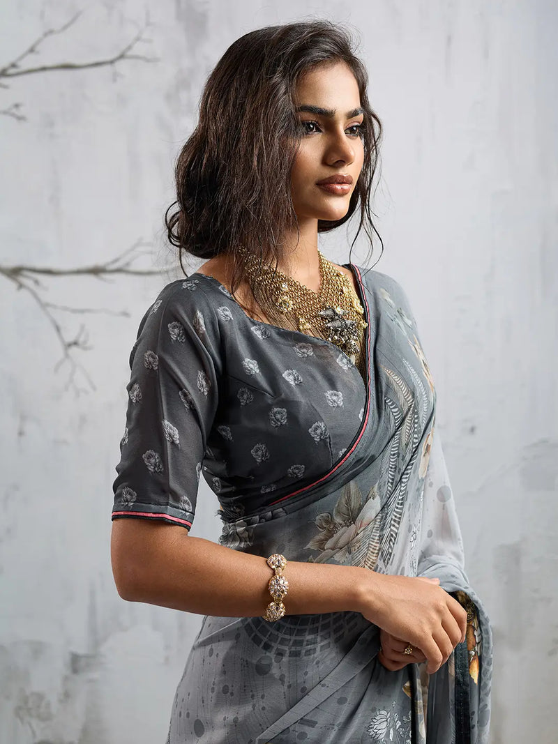 Grey Georgette Floral Printed Saree sedora couture