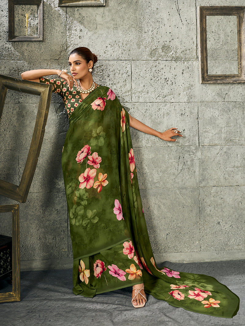 Green Pure Weightless Floral Printed Saree sedoracouture
