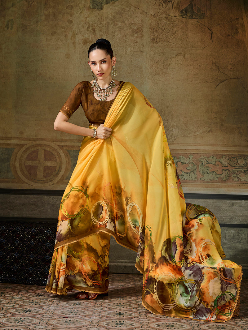 Mustard Georgette Floral Printed Saree sedora couture
