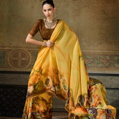 Mustard Georgette Floral Printed Saree sedora couture