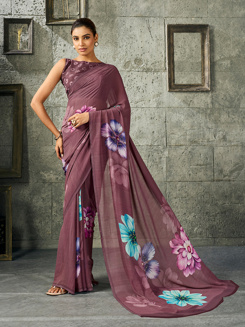 Dusty Purple Georgette Floral Saree sedora couture