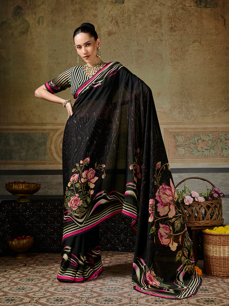 Black Georgette Floral Printed Saree sedoracouture