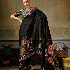 Black Georgette Floral Printed Saree sedoracouture