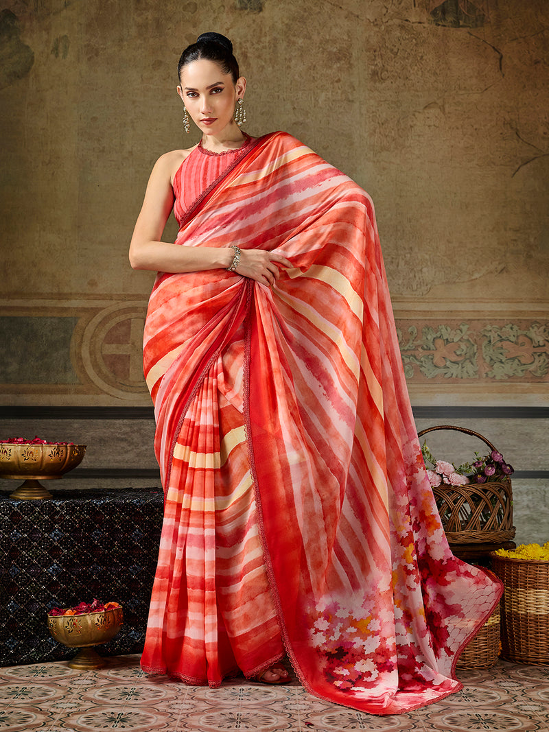 Orange Georgette Abstract Printed Saree sedoracouture