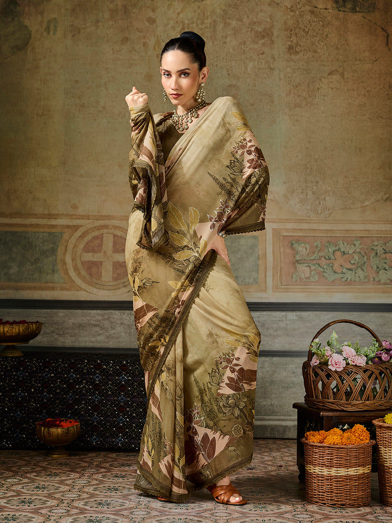 Olive Georgette Floral Printed Saree sedora couture