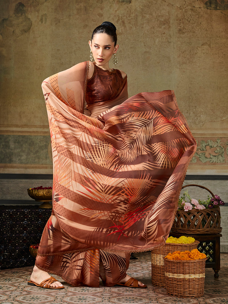 Peach Georgette Floral Printed Saree sedora couture
