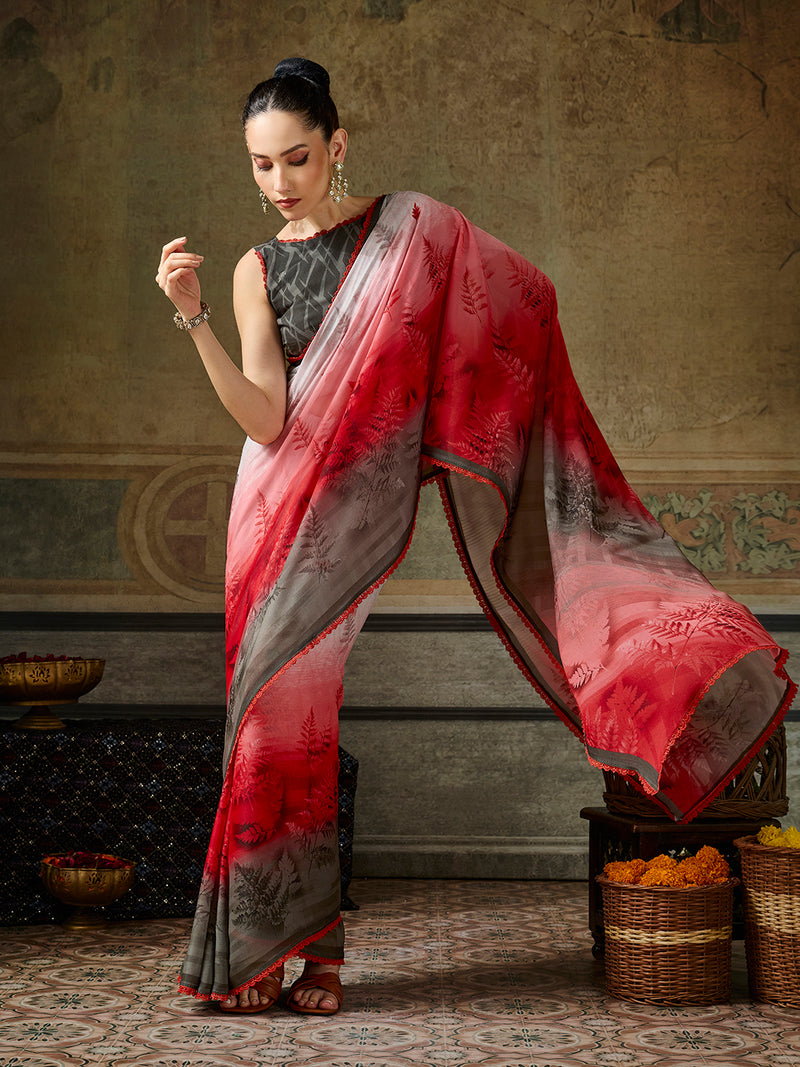 White Georgette Floral Printed Saree sedora couture