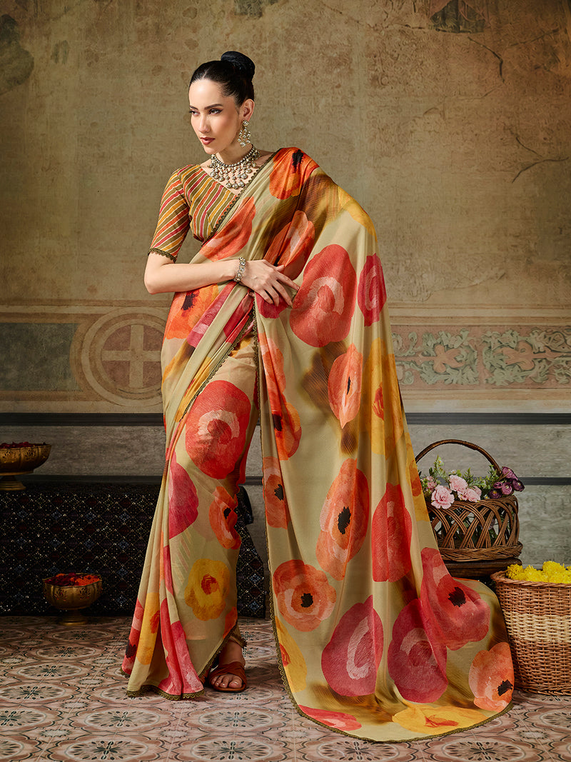 Yellow Georgette Floral Printed Saree sedora couture