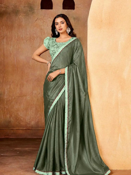 Green Georgette Solid Printed Saree sedora couture