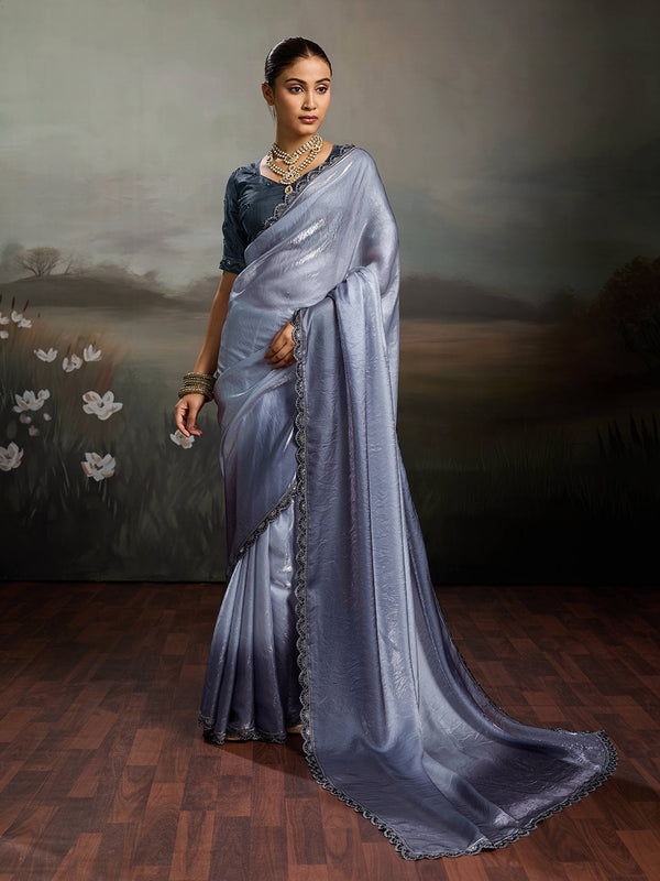 Grey Satin Plain Dyed Saree sedora couture