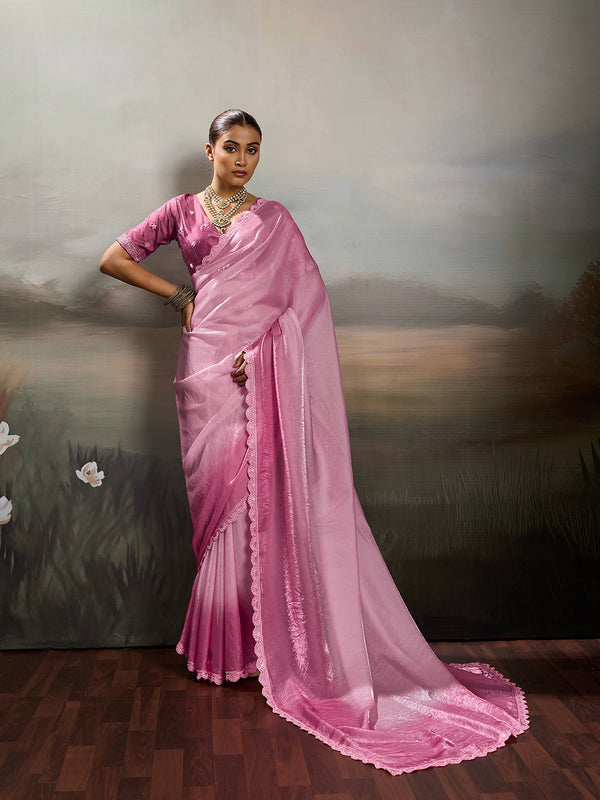Pink Satin Plain Dyed Saree sedora couture