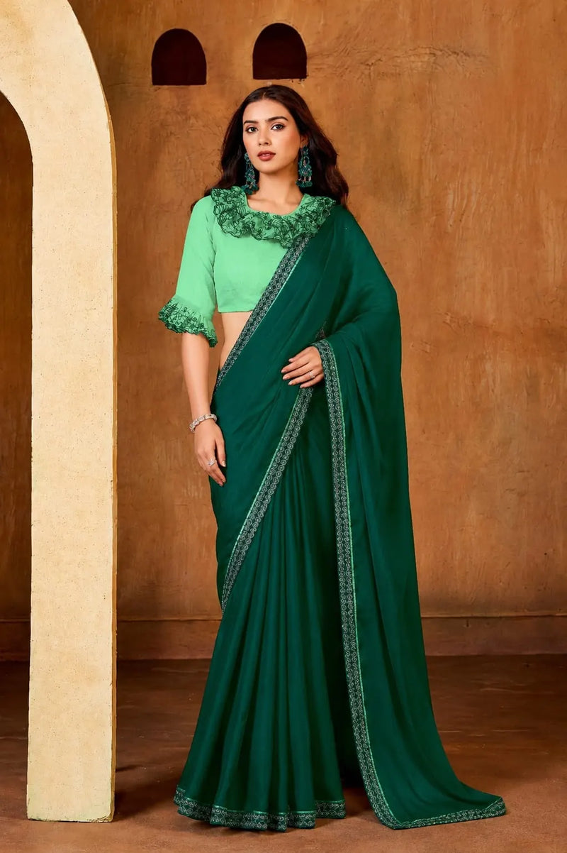 Teal Green Georgette Solid Printed Saree sedora couture
