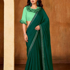 Teal Green Georgette Solid Printed Saree sedora couture