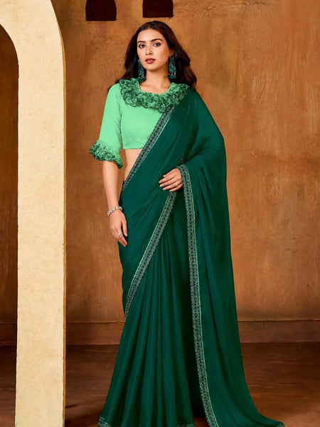 Teal Green Georgette Solid Printed Saree sedora couture