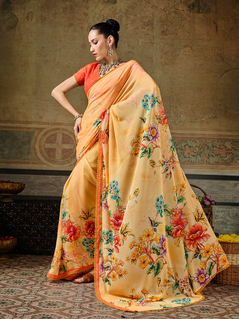 Yellow Georgette Floral Printed Saree sedora couture