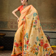 Yellow Georgette Floral Printed Saree sedora couture