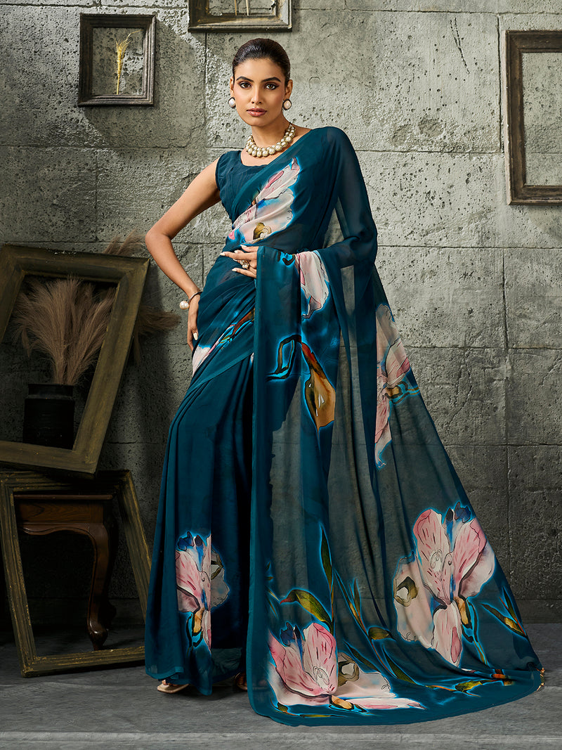 Blue Pure Weightless Floral Printed Saree sedoracouture