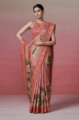Rose Pink Kanjivaram Floral Printed Saree sedora couture