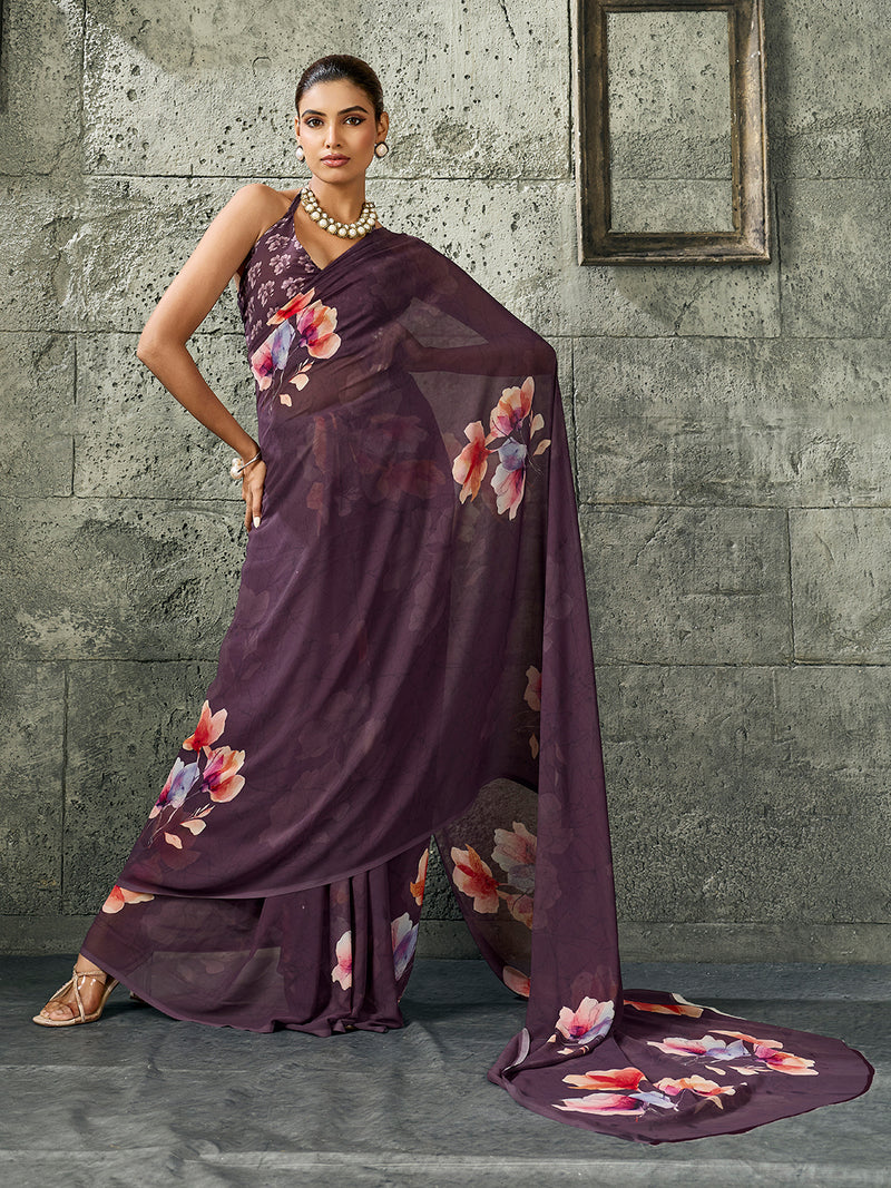 Dark Purple Pure Weightless Floral Printed Saree sedoracouture