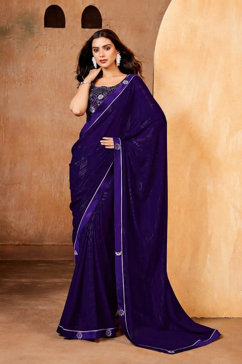 Purple Georgette Solid Printed Saree sedora couture