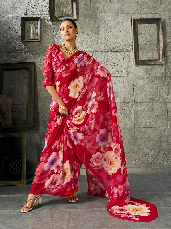 Red Pure Weightless Floral Printed Saree sedoracouture