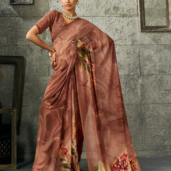 Brown Pure Weightless Floral Printed Saree sedora couture