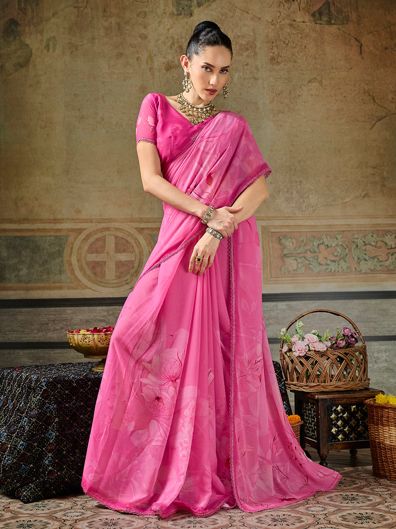 Pink Georgette Floral Printed Saree sedora couture
