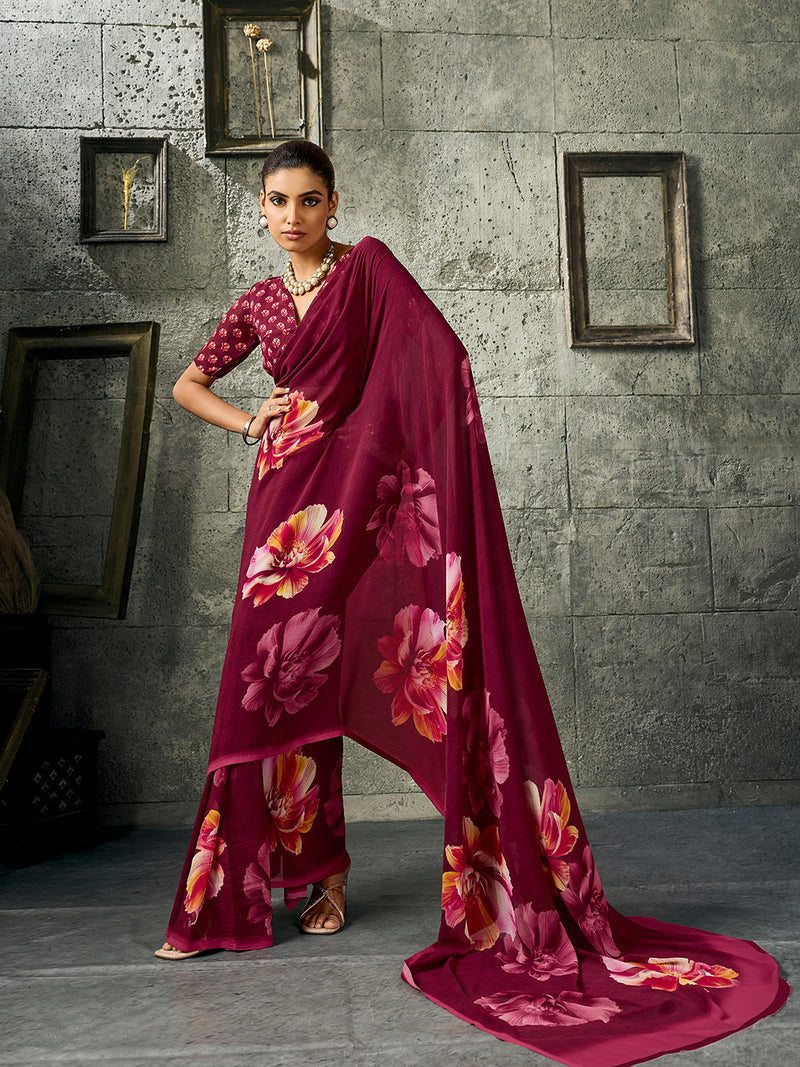 Wine Pure Weightless Floral Printed Saree sedora couture
