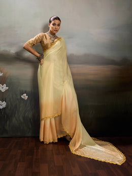 Yellow Satin Plain Dyed Saree sedora couture