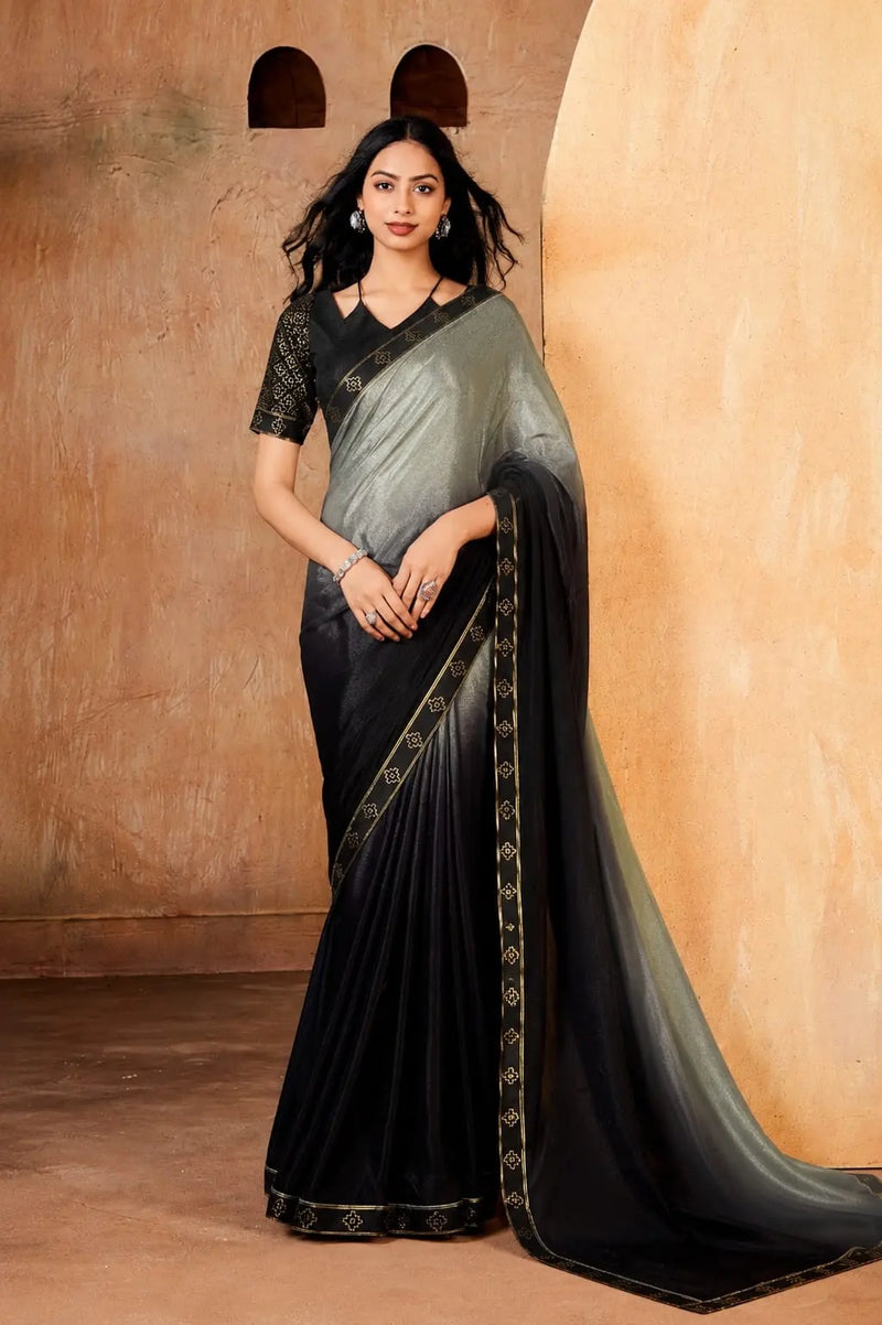 Black and Grey Georgette Solid Printed Saree sedora couture