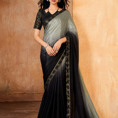 Black and Grey Georgette Solid Printed Saree sedora couture