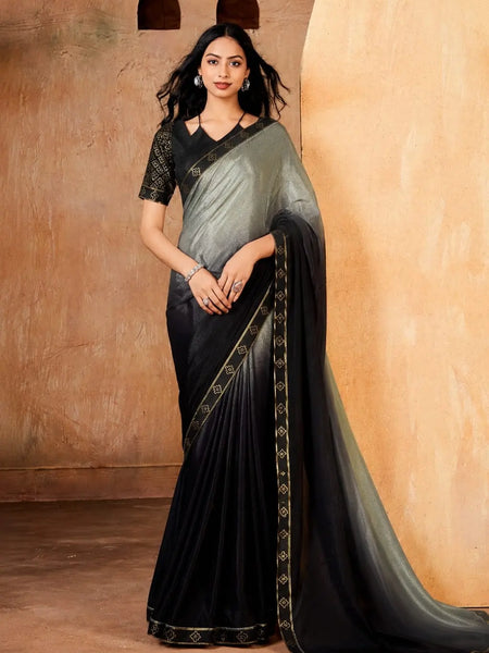 Black and Grey Georgette Solid Printed Saree sedora couture