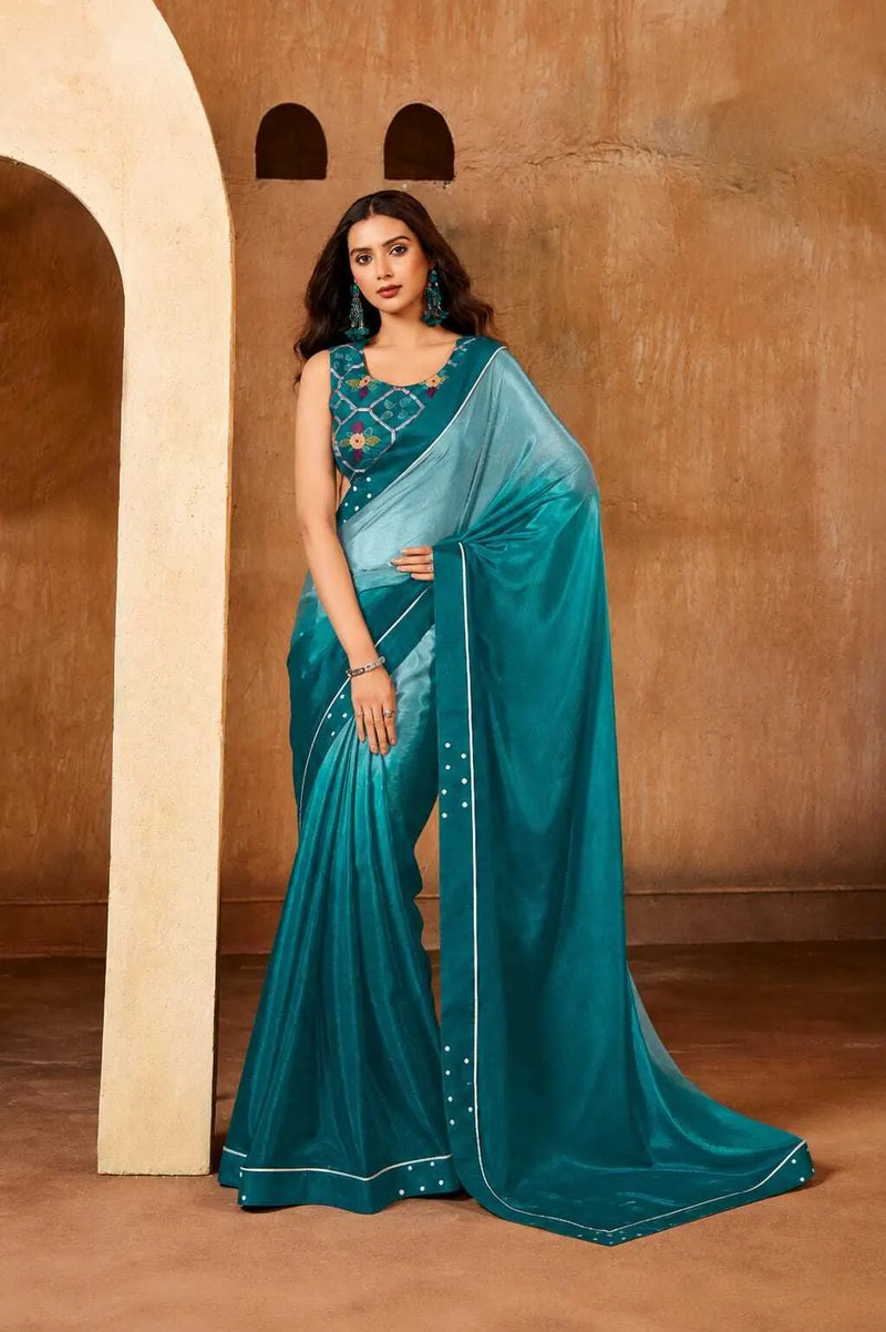 Blue Georgette Solid Printed Saree sedora couture
