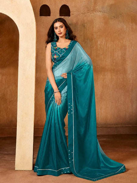 Blue Georgette Solid Printed Saree sedora couture