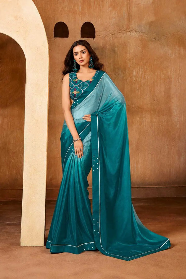 Blue Georgette Solid Printed Saree sedora couture